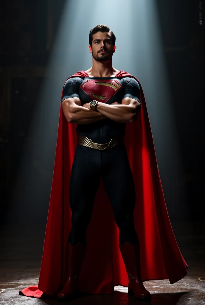 Nicholas Alexander Chavez, muscular, tanned skin, chiseled jaw, strong physique, dressed as Superman, Superman's traditional red cape is present, attached to the shoulder and flowing behind him, red superhero boots, small beard, inside a dungeon, intense backlight, hero, cape, arms crossed, cinematic lighting, dramatic poses, heroic, bold colors, vivid details, high contrast, silhouette, photorealistic, 8k, hyper detailed, masterpiece