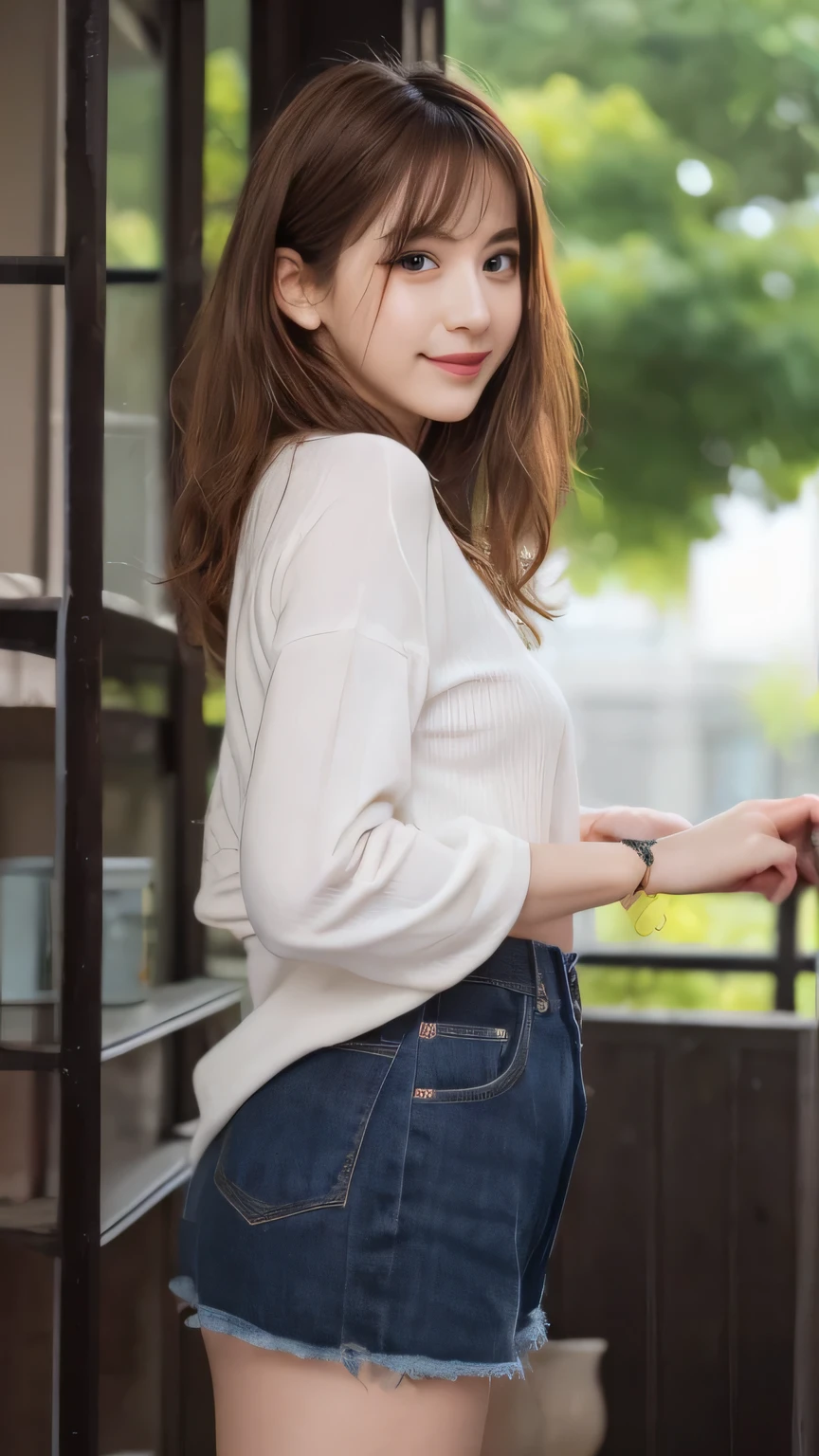 ((highest quality、best image quality、ultra high resolution、Drawn in ultra-high definition、alone、look closely at the camera))、1 girl、realistic、written boundary depth、natural soft light、Echiechi, Constricted body, 30 years old, beautiful and detailed eyes, short bob hair, highest quality, masterpiece, Layer Bob Hair, Moist eyes, great pose, brown eyes, smile, perfect fingers、perfect hands、perfect body、perfect face, perfect ???????, glossy lips, natural makeup, small ass, professional lighting, cowboy shot, miniskirt, long sleeve, simple background, From above, bright room,