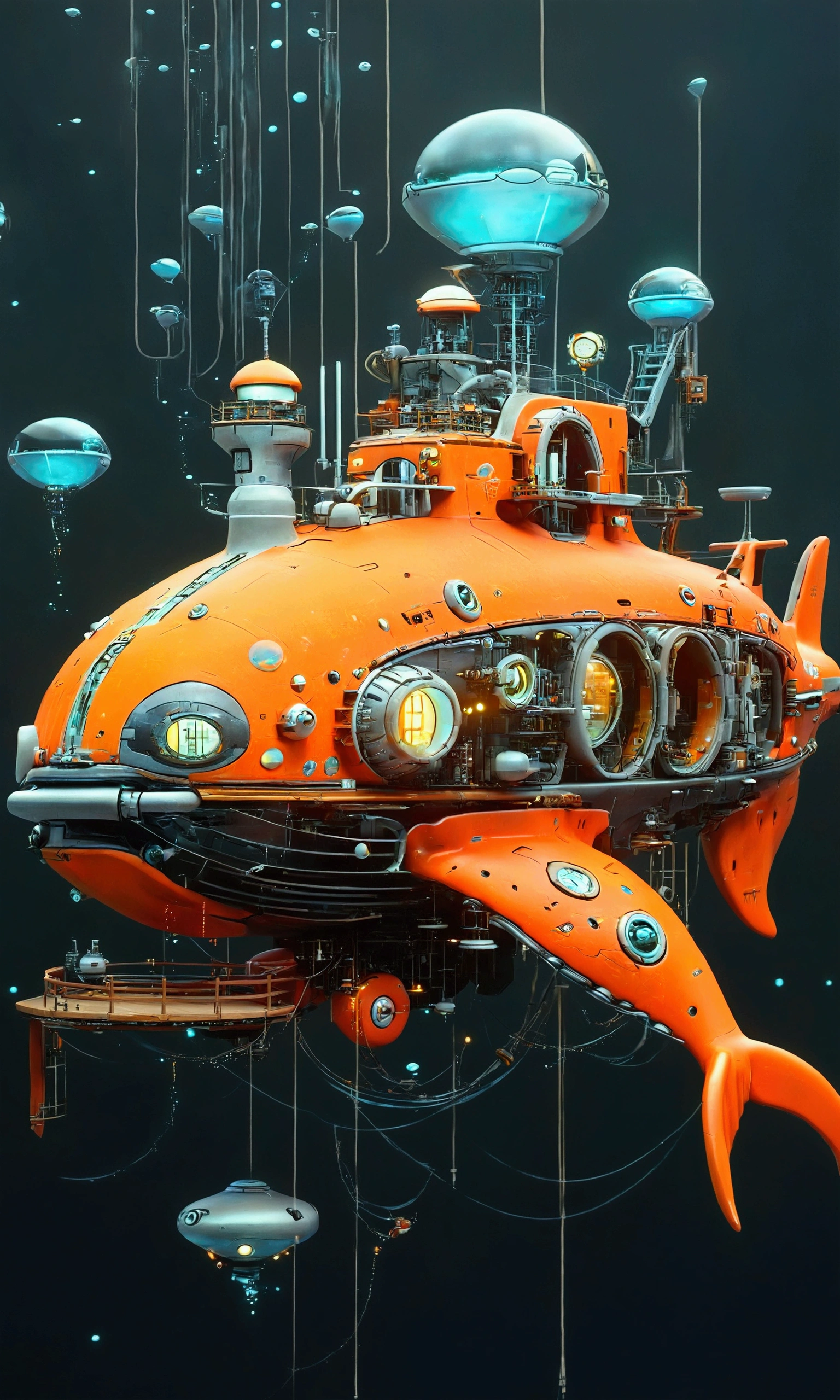   there is a large orange submarine shaped like a mechanical whale, gears lights , with a clock,  concept art inspired by Filip Hodas  , Polycount Contest Winner, retrofuturism,  in the artistic style of Filip Hodas , cyborg whale,  Highly detailed 4K digital art, very  text,  text, incredibly high detailed,  Beeple rendered in 3D 