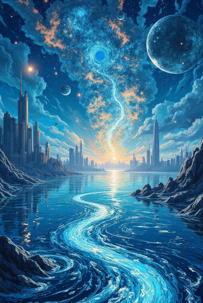 A large expanse of water in space, with images of beautiful earth cities reflected in it.