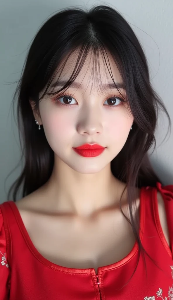 A Korean girl with a round face with eye makeup Red lipstick with hair on her face loose black straight long dark brown eyes white skin with a red dress 