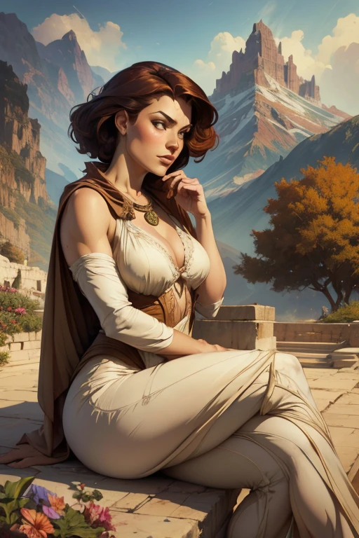  An image of a woman with a handkerchief around her neck, Craig Mullins Alphonse Mucha, artgerm craig mullins, Beautiful character drawings,  Boys and Lois Van Baarle , Artjam and Athi Gairan , Charlie Bowter: rich, deep colors, Lostrun 8k, ( ( Mads Mountain ) ), artgerm e craig mullins, this woman is being shown full body , sitting at ease in an archaic Greek garden  , detailed and rich art 