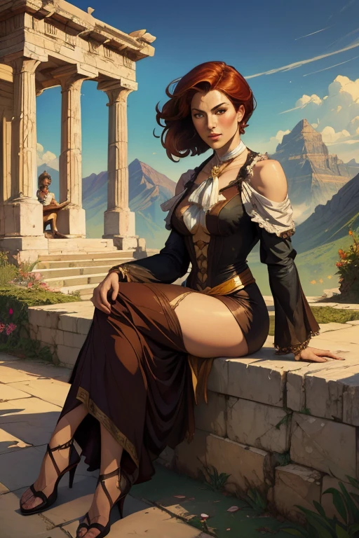  An image of a woman with a handkerchief around her neck, Craig Mullins Alphonse Mucha, artgerm craig mullins, Beautiful character drawings,  Boys and Lois Van Baarle , Artjam and Athi Gairan , Charlie Bowter: rich, deep colors, Lostrun 8k, ( ( Mads Mountain ) ), artgerm e craig mullins, this woman is being shown full body , sitting at ease in an archaic Greek garden  , detailed and rich art 