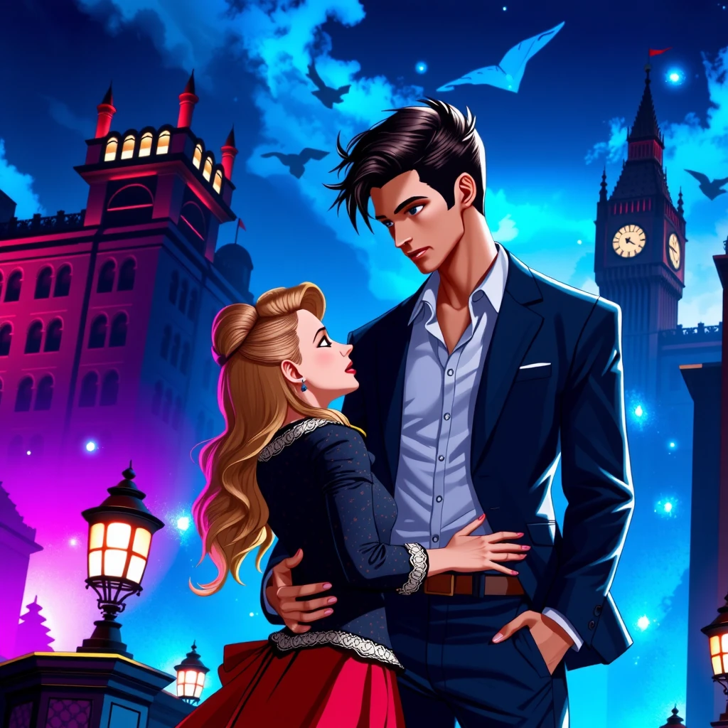 An acid-bright picture in blue and purple tones .  The figures and faces are well lit .  Beautiful blonde girl cuddles with a handsome dark-haired man.  A girl shorter than a man . They look at each other lustfully . They are hugging.  Both are wearing Victorian clothes. Waist-deep . A lot of feelings .  Against the backdrop of old London .