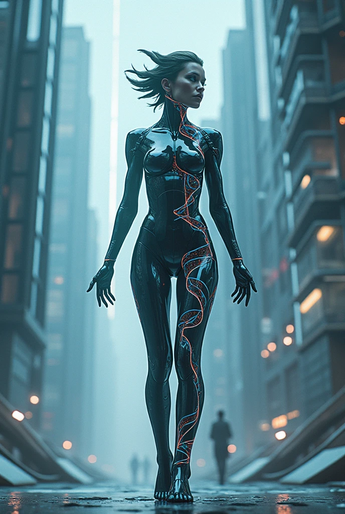 Female warrior,alien body invasion,Heavy metals,energy line,anonymous,bright eyes,elegant,excruciating,white and blue uniform,helmet bị biến dạng,Alone,modern,city,street,Dark Clouds,Thunder,heavy rain, ,Impressive lighting,,(Masterpiece:1.2), Highest quality, High resolution, Beautiful detail, high detail, perfect light, helmet, Dark Clouds, desert