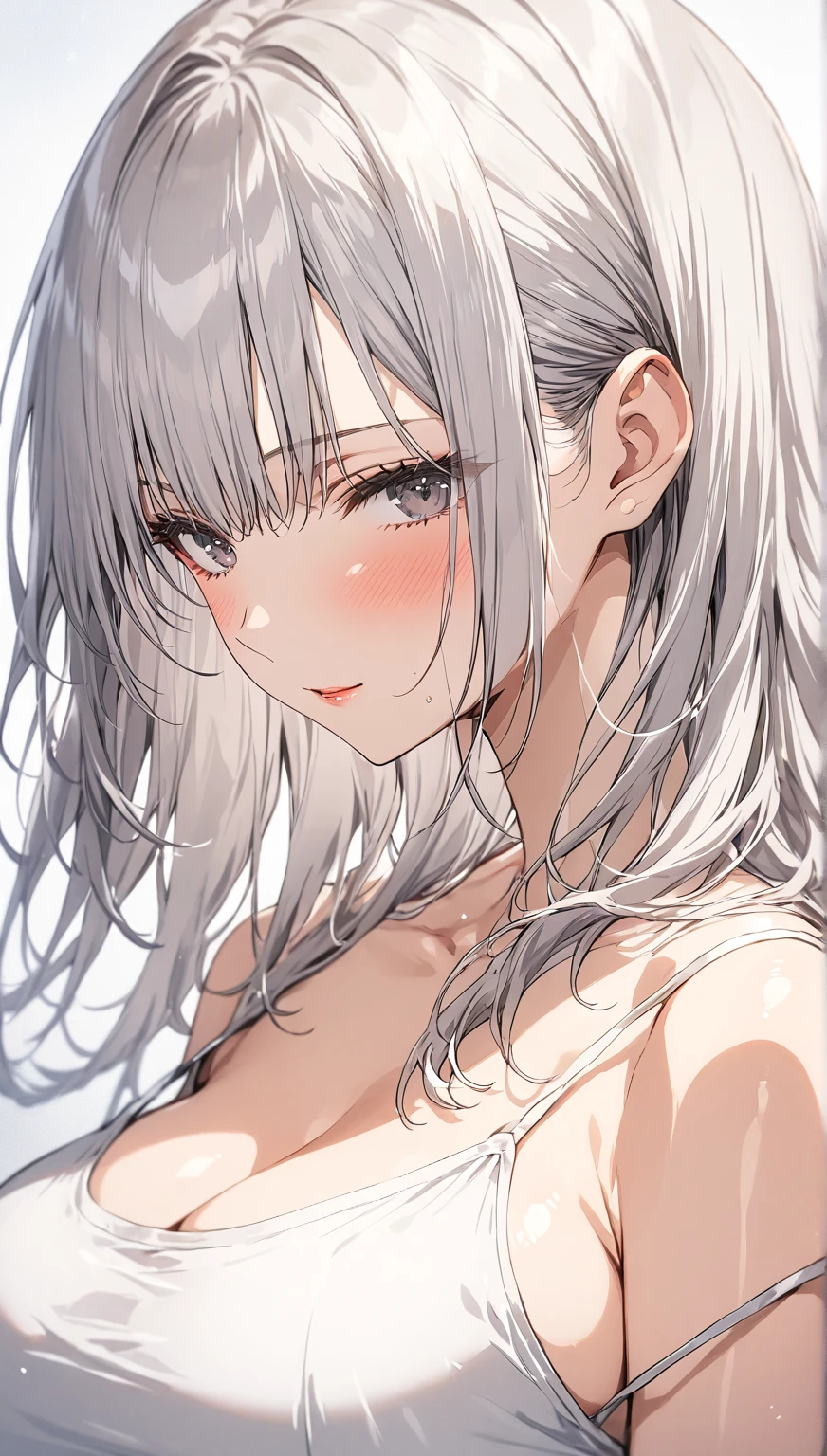 portrait, ((highest quality)), ((masterpiece)), (detailed), (one girl), sexy, shiny skin, glossy skin, big breast, silky silver hair, grey eyes, fair, smooth, porcelain-like skin with a natural flush on her cheeks, white bodycon slip dress, ((Depth of field))