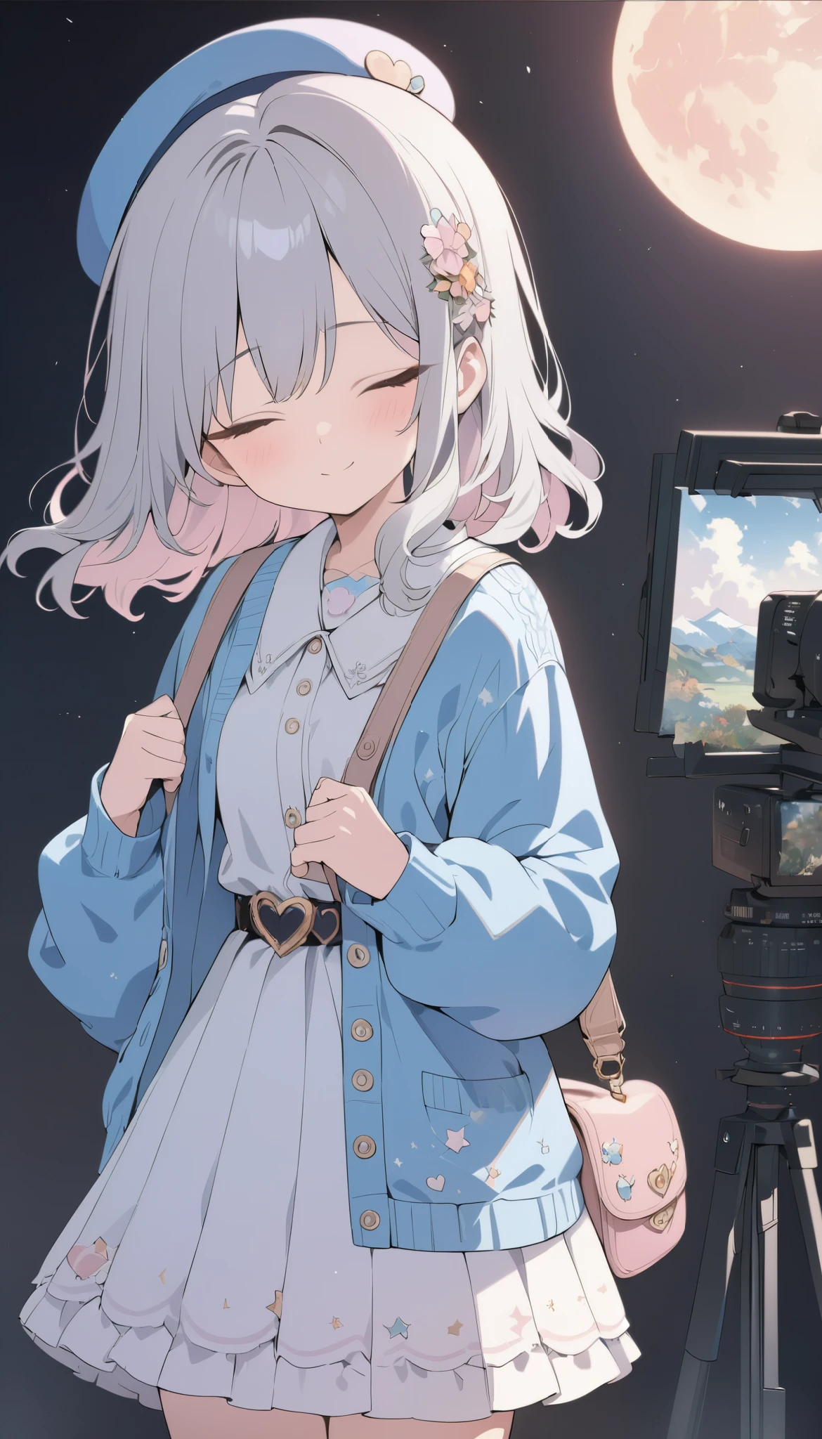 masterpiece, best quality, 8k, highres, ultra-detailed,HDR, UHD, studio lighting, ultra-fine painting, sharp focus, physically-based rendering, extreme detail description, professional, illustration,pastel,
Low Fidelity (lofi) art style,
pastel pink and purple tones,
soft orange, best quality, 1girl, pastel colors, gray hair, wavy hair, beret, cloud pattern, blue beret, blue cardigan, cloud design, white skirt, heart-shaped belt, crossbody bag, moon and stars motif, flower accessory, closed eyes, soft smile, dreamy atmosphere, minimal background, light blue background, celestial theme, cute style
