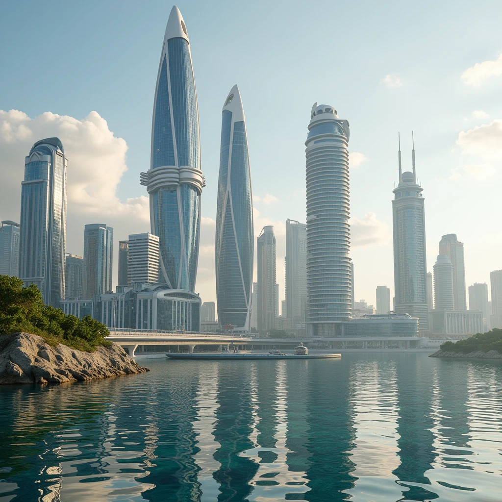  is an absolutely incredible reflection of the city of the future made of huge skyscrapers of various shapes(сPиралевидные,towers,Classic,and so on.P),  standing on the shore of a gorgeous bay , reflection as if in a mirror ,incredible detail, отличняя летняя Pогода,Pрирода, Sun,glare,