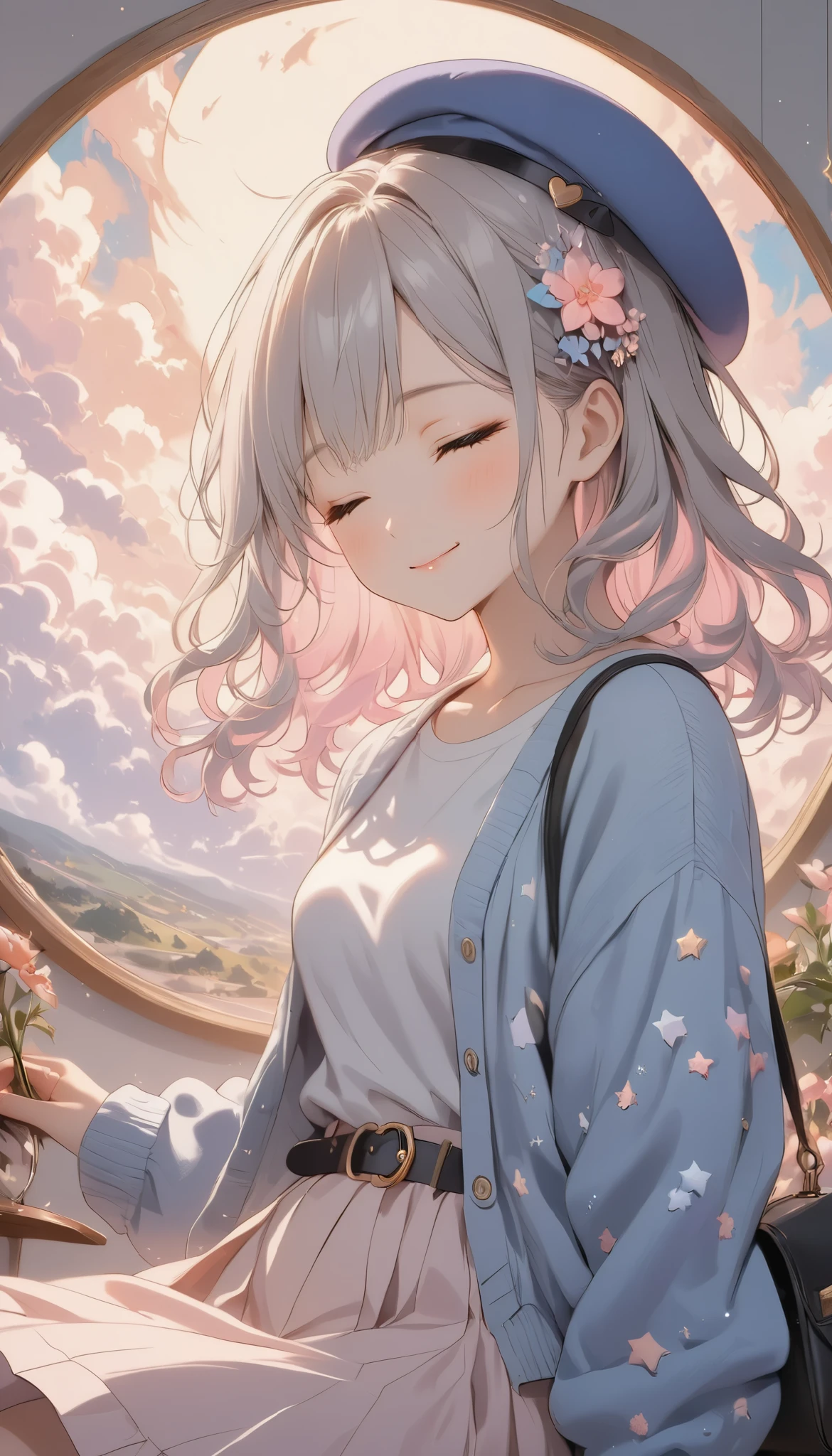 masterpiece, best quality, 8k, highres, ultra-detailed,HDR, UHD, studio lighting, ultra-fine painting, sharp focus, physically-based rendering, extreme detail description, professional, illustration,pastel,
Low Fidelity (lofi) art style,
pastel pink and purple tones,
soft orange, best quality, 1girl, pastel colors, gray hair, wavy hair, beret, cloud pattern, blue beret, blue cardigan, cloud design, white skirt, heart-shaped belt, crossbody bag, moon and stars motif, flower accessory, closed eyes, soft smile, dreamy atmosphere, minimal background, light blue background, celestial theme, cute style
