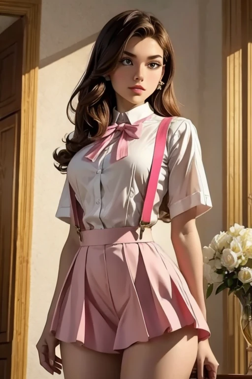 1 ******,ATLJ,(masterpiece,  top quality,  best quality , official art, beautiful and aesthetic:1.2), (fractal art:1.3), 1 ******, beautiful, 18 year old adult , pink skirt,  jumpsuit with suspenders , white shirt, HAIR BOW,detailed art,  complex setting photography studio, 18-year-old young model , famous and graceful ,  elegant international model  