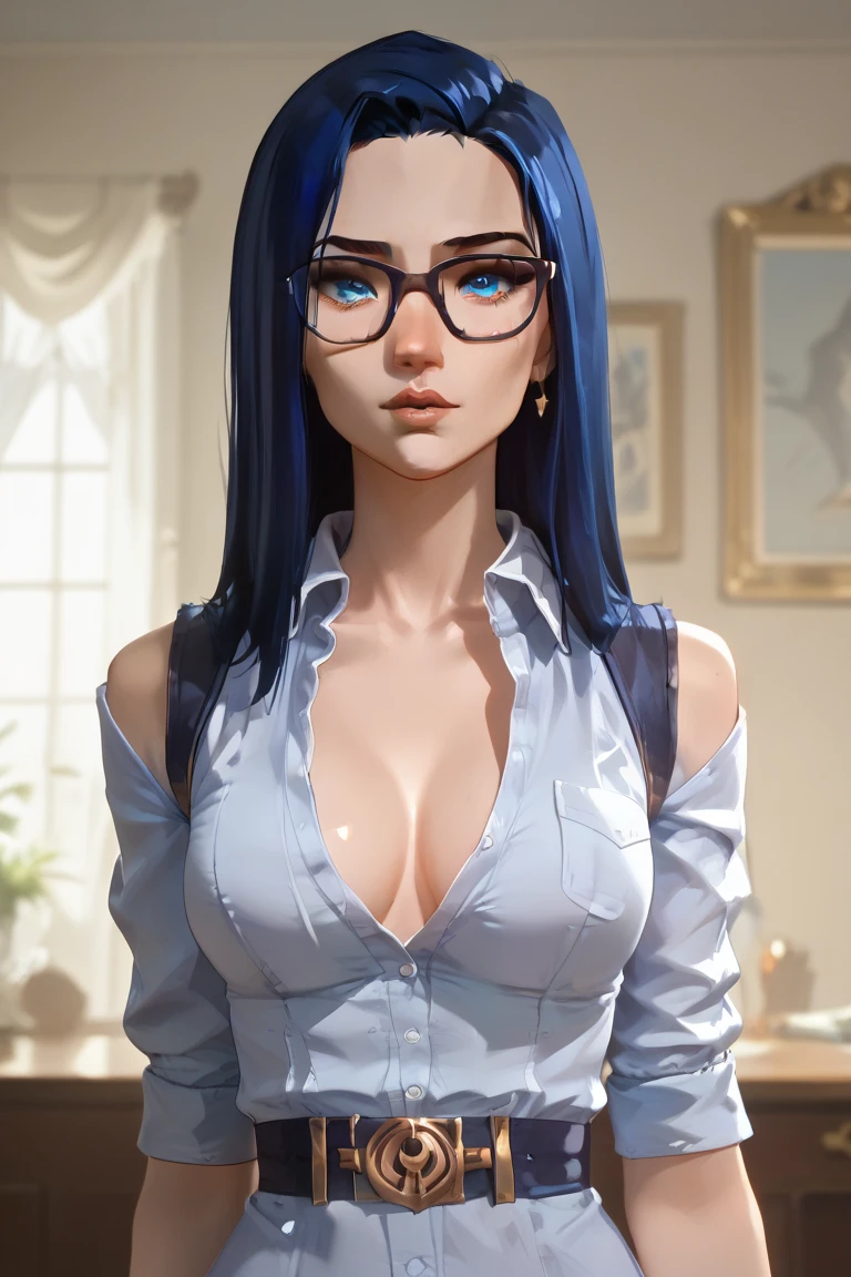 Beautiful face, blue eyes, light blue pony tail hair  , braid, very big tits , wearing white lingerie, straps, transparent glasses, doctor's coat