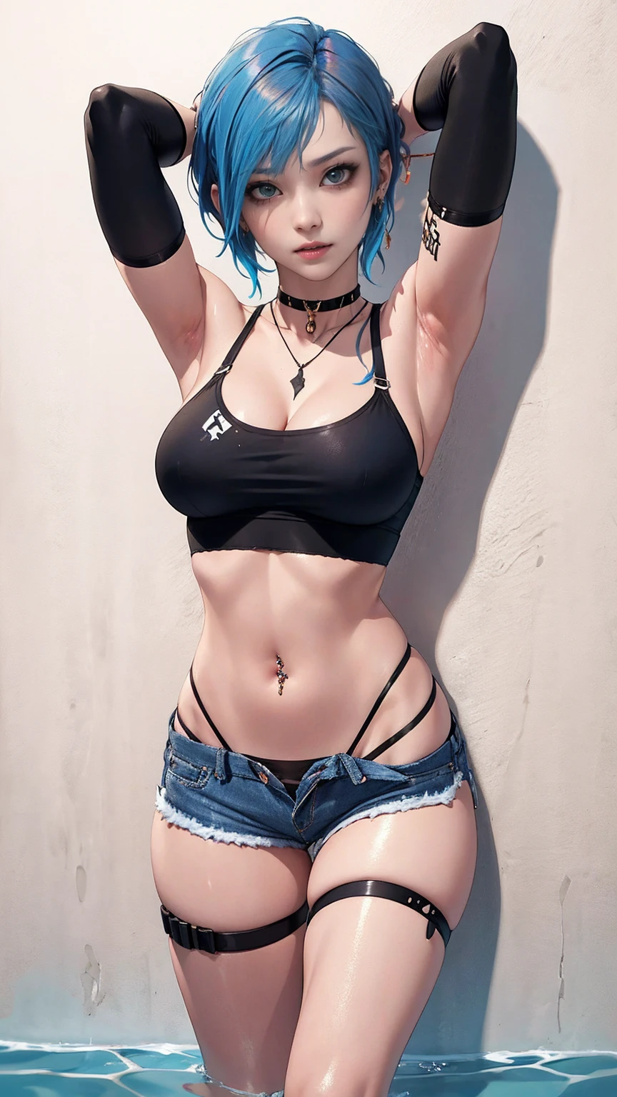 Chloe price, masterpiece, bestquality, 1girls, oversized breasts, bara, crop top, shorts jeans, choker, (visible thong straps:1.5), color splashes, arms over head, against wall, looking at the audience, bracelet, Thigh strap, Paint on the body......................................., Head tilt, bored, (dark blue hair with black roots), water eyes, detailed eye makeup, shiny skin, navel piercing