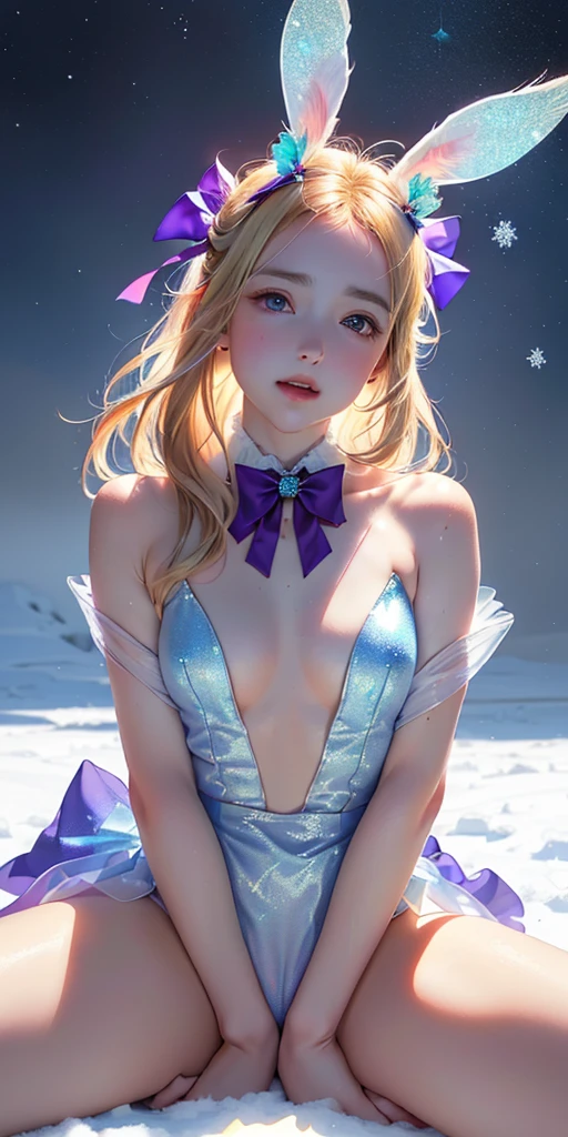 masterpiece, best quality, extremely detailed CG unity 8k wallpaper,((Upper Body)) ,((Upper Body head close-up shot of a beautiful )), , Elegant Long straight blonde hair, (Mckenna Grace), ((gigantic breasts,thighs,Autoluminescence skin)),Transparent (pink-green) golden (Glittering tutu,long Bunny Ear Headgear, , Bow-tie, No panties, genitals visible), ((,spread legs)),(), (Blush), , (), (A world of ice and snow), pretty face, key art, award winning, intricate detail realism hdr, by (ruan jia and artgerm and range murata), Photorealism, Hyperrealism, ultra realistic, dramatic light, intense shadows, gorgeous view, depth of field