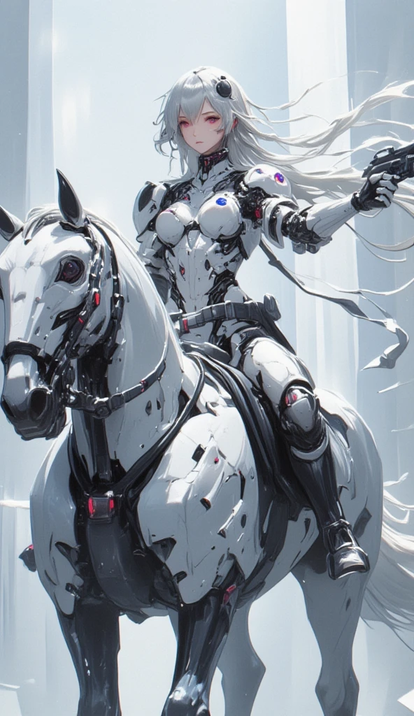 a semi robotic female knight riding a white mechanical horse with flowing long hair and holding a handgun is a future police officer,white future technology style,