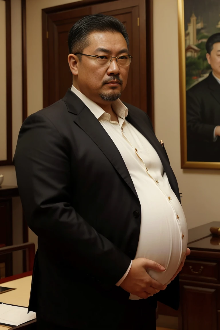 ( high quality , actual ,photo actual :1.37),( is of the best quality,4K,8K, high resolution ,masterpiece:1.2),portrait,50-year-old Chinese man, displeased ,Serious，50 years,Entrepreneur ,Chinese leader ，Father,type,Room ,University classroom, bright and soft lighting, rich color .Wearing glasses，fat，Beer belly，pregnant，Very short hair， dark hair ， overweight ，Goatee，Very short beard， Black Suit ，Black Tie，Sexy，charming，Chinese leader ，Chinese President，Chinese boss ，Charm