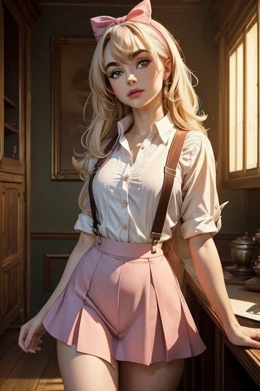 1 ******,ATLJ,(masterpiece,  top quality,  best quality , official art, beautiful and aesthetic:1.2), (fractal art:1.3), 1 ******, beautiful, 18 year old adult , pink skirt,  jumpsuit with suspenders , white shirt, HAIR BOW,detailed art,  complex setting photography studio, 18-year-old young model , famous and graceful ,  elegant international model,obra prima,linda modelo ,cantora Sabrina Carpenter