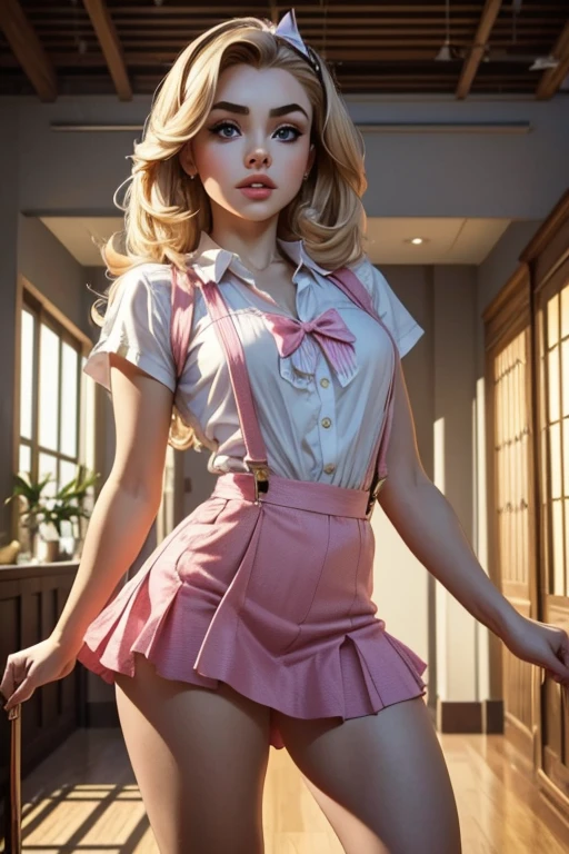 1 ******,ATLJ,(masterpiece,  top quality,  best quality , official art, beautiful and aesthetic:1.2), (fractal art:1.3), 1 ******, beautiful, 18 year old adult , pink skirt,  jumpsuit with suspenders , white shirt, HAIR BOW,detailed art,  complex setting photography studio, 18-year-old young model , famous and graceful ,  elegant international model,obra prima,linda modelo ,cantora Sabrina Carpenter