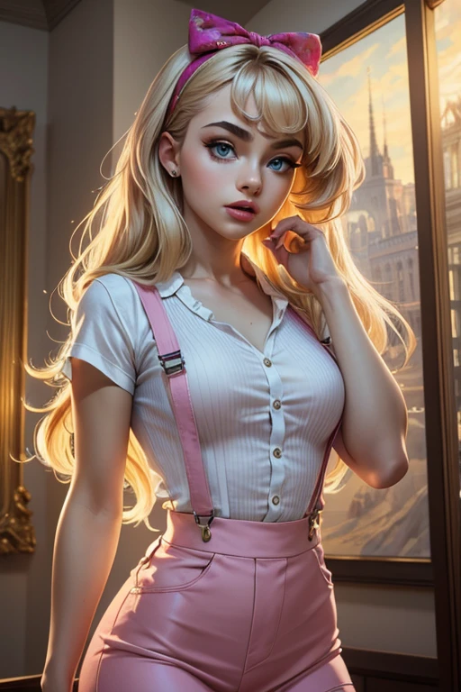 1 ******,ATLJ,(masterpiece,  top quality,  best quality , official art, beautiful and aesthetic:1.2), (fractal art:1.3), 1 ******, beautiful, 18 year old adult , pink skirt,  jumpsuit with suspenders , white shirt, HAIR BOW,detailed art,  complex setting photography studio, 18-year-old young model , famous and graceful ,  elegant international model,obra prima,linda modelo ,cantora Sabrina Carpenter