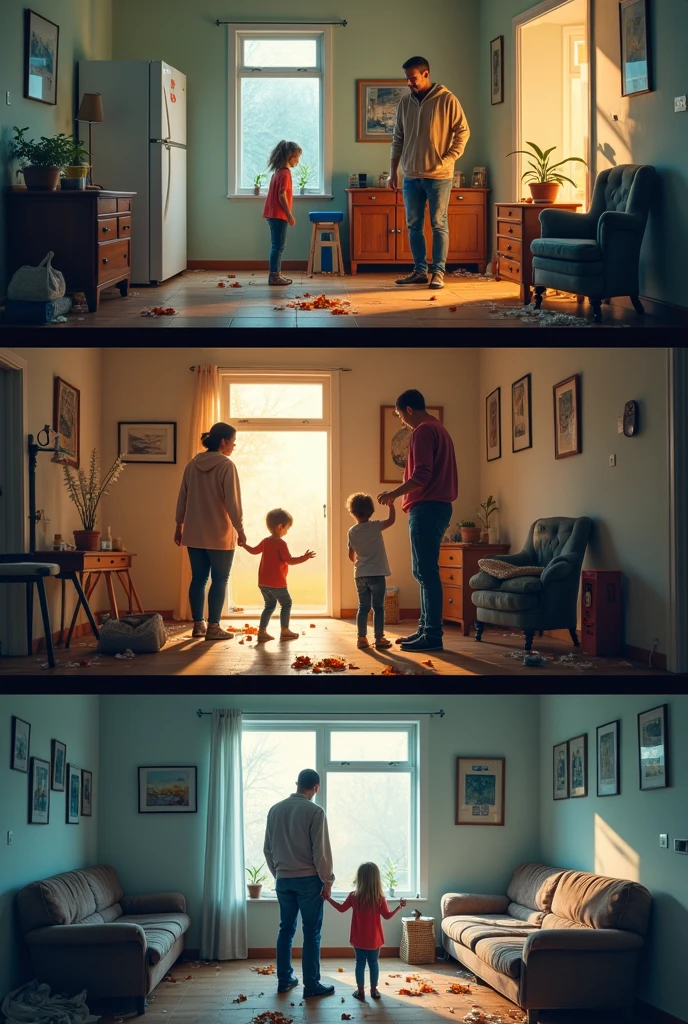 Create two scenarios in one image. First scene, of a male child watches his father hitting his mother. Second scene, of a daughter watching her father yell at her mother. Father and mother are a couple. Children repeat patterns.