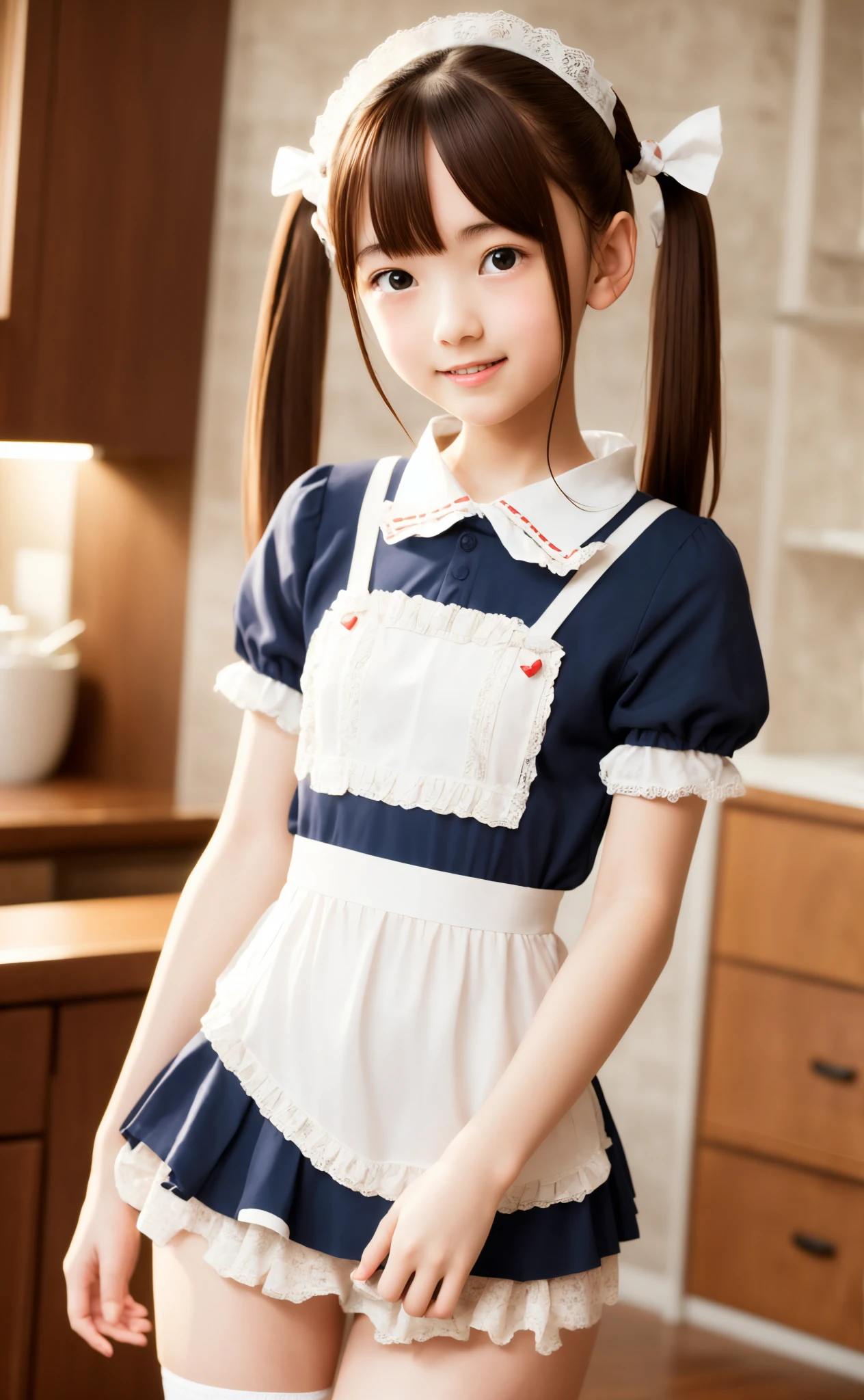 Maid,cute pretty girl,masterpiece,high definition,4k,8k,16k,twin tails,brown hair,slender body,thin leg, thin arm, thin body,small,18yo