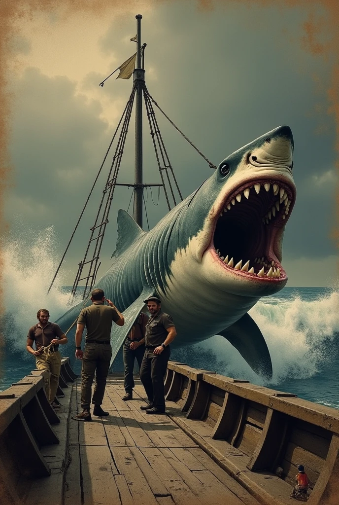 image of a whale shark caught in a net, with fishermen trying to free it