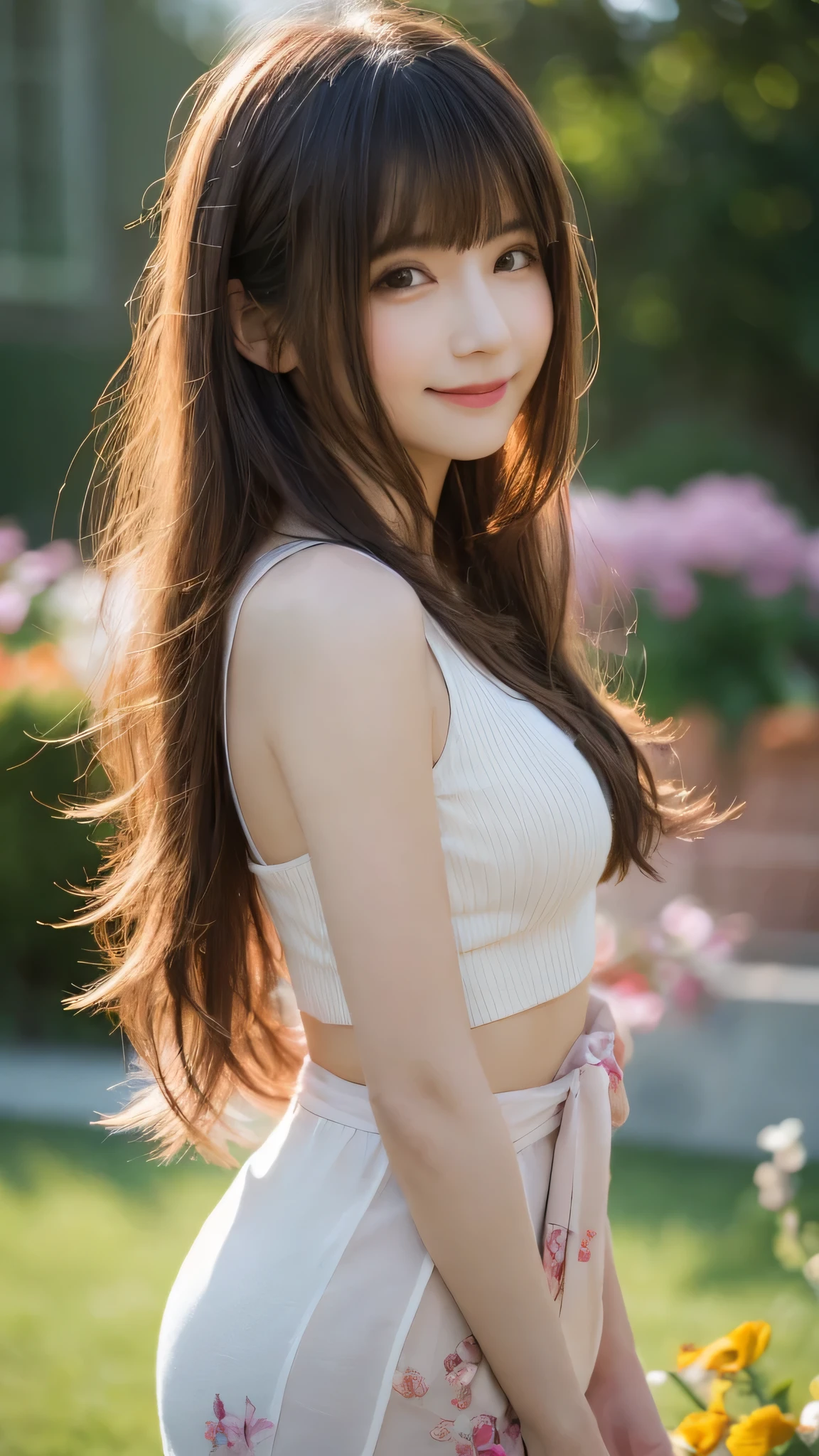 whole body, best quality, Practical, Ultra Detailed, Finely, high resolution, 8k wallpaper, 1 beautiful woman,, Light brown messy hair, Wearing a long skirt, Clear focus, Perfect dynamic composition, Beautiful and delicate eyes, Thinning hair, Detailed Practical skin texture, Smile, Close-up figure, Model figure