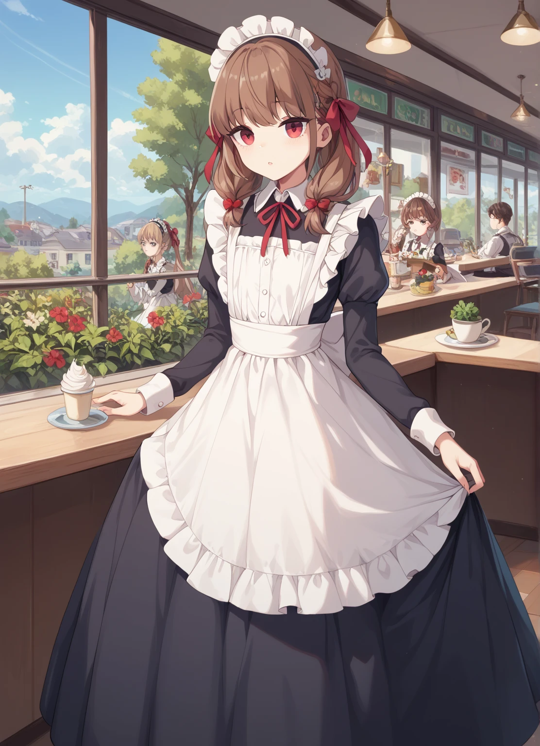 (  surreal), (8k), (  Very detailed), (   best illustration   ), Cafe。   maid clothes。 flat chested。。  Shorthair。 brown hair。  big red ribbon barrette。 four-leaf clover on clothes  。adult 。  long skirt 