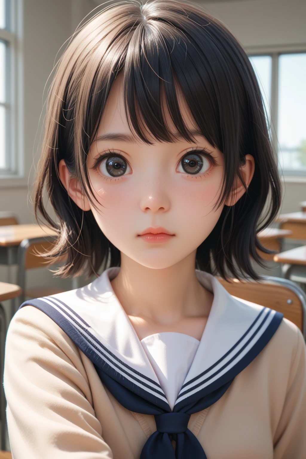 score_9,score_8_up,score_7_up,BREAK, rating_safe,source_real,one girl,tiny,medium shot,round face,round chin,big eyes,idol eyes,black eyes,school uniform,small nose,small mouth,straight hair,looking at viewer,medium breasts,indoors