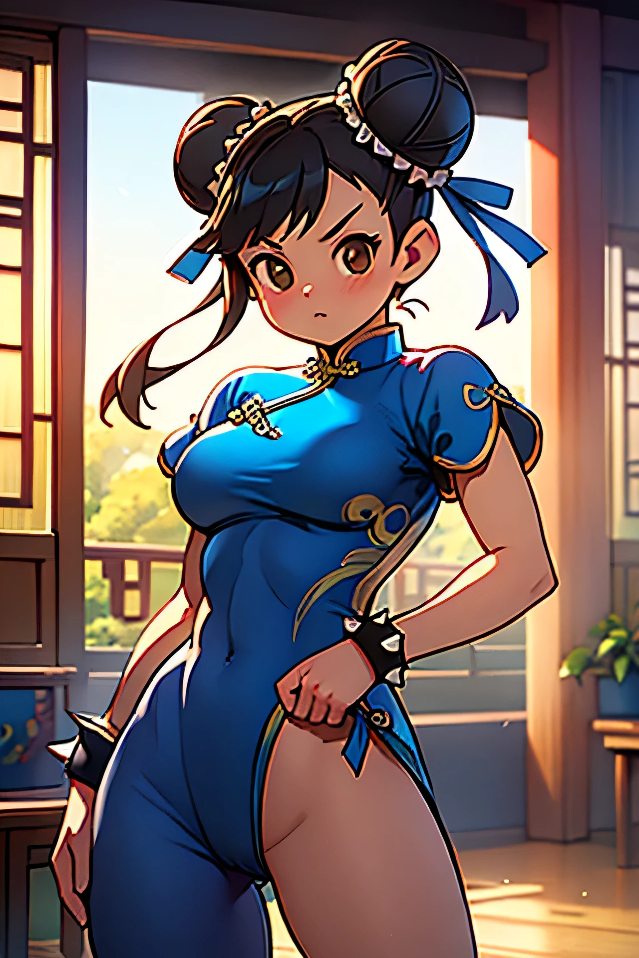 masterpiece, best quality, amazing quality, very aesthetic, high resolution, ultra-detailed, newest, scenery,  Bright eyes,  chun-li, brown eyes, double bun, bun cover, qipao, spiked bracelet, large breasts, sheer pantyhose, pelvic curtain, Blue leotard, fighting stance, cowboy shot, legs apart, standing, dojo, indoor