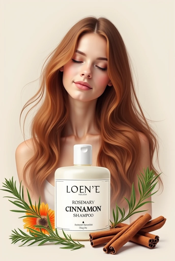 Shampoo label with the image of rosemary , cinnamon and clove modern design with a girl with long hair for small pomo