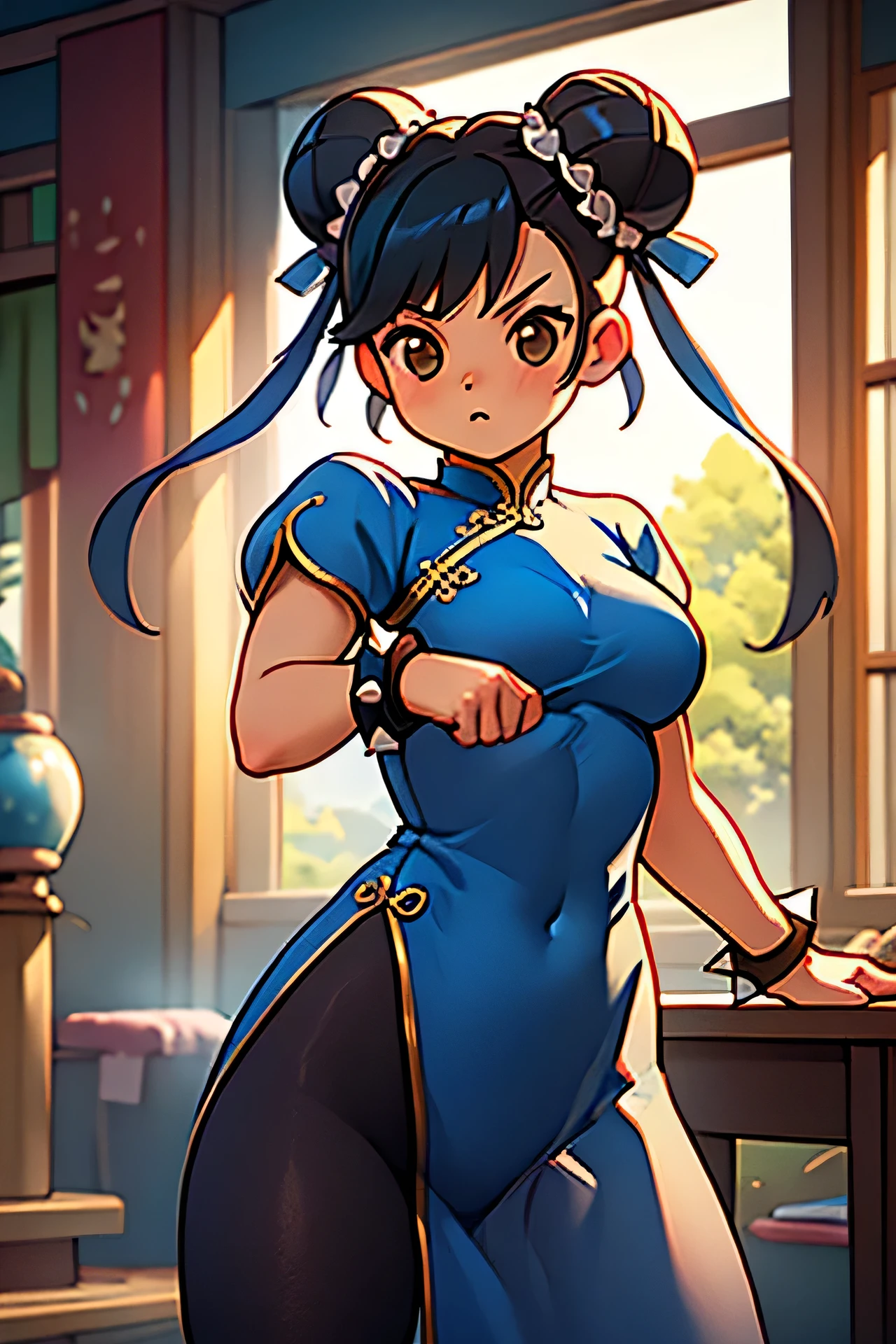 masterpiece, best quality, amazing quality, very aesthetic, high resolution, ultra-detailed, newest, scenery,  Bright eyes,  chun-li, brown eyes, double bun, bun cover, qipao, spiked bracelet, large breasts, sheer pantyhose, pelvic curtain, Blue leotard, fighting stance, cowboy shot, legs apart, standing, dojo, indoor