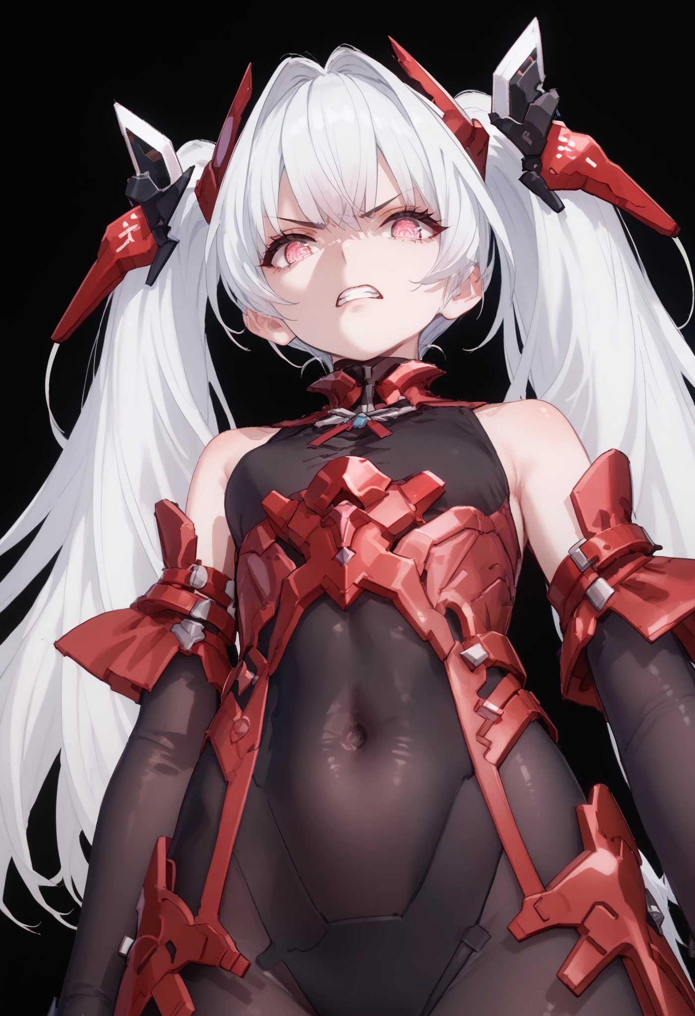 masterpiece, 1girl, anime, Oblivion, pink eyes, white hair, long hair, twintails, headgear, Oblivion clothes, navel visible through clothes, black bodysuit, red armour, upper body, looking at viewer, clenched teeth, disgusted, from below, black background, score_9, score_8_up, score_7_up, unaestheticXL_Sky3.1