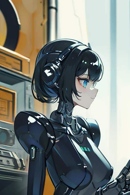 (masterpiece),(Highest quality),(Super detailed),(Best illustrations),(Best Shadow),(Absurd),(Detailed Background),(so beautiful), 16K, 8K, 4K,(Best Shadow),robotization,woman ,big bust,Robot Joint ,Metal skin,Black robot Suit,long hair,a black robot suit that covers the whole body,robot hand,cyber bodysuit,mecha head,(Detailed hands and fingers:1.2),Ball joint robot body,doll joint,beautiful face,beautiful robot girl,robotic eye,robotic hands,(no more human skin),android girl,cyborg girl,F cup, sexy body,(machine made joints:1.2),(machanical limbs:1.1),(blood vessels connected to tubes),(mechanical vertebra attaching to back),(mechanical cervial attaching to neck),no messy picture style,no emotion,tech control,black robot suit,maintenance,smile