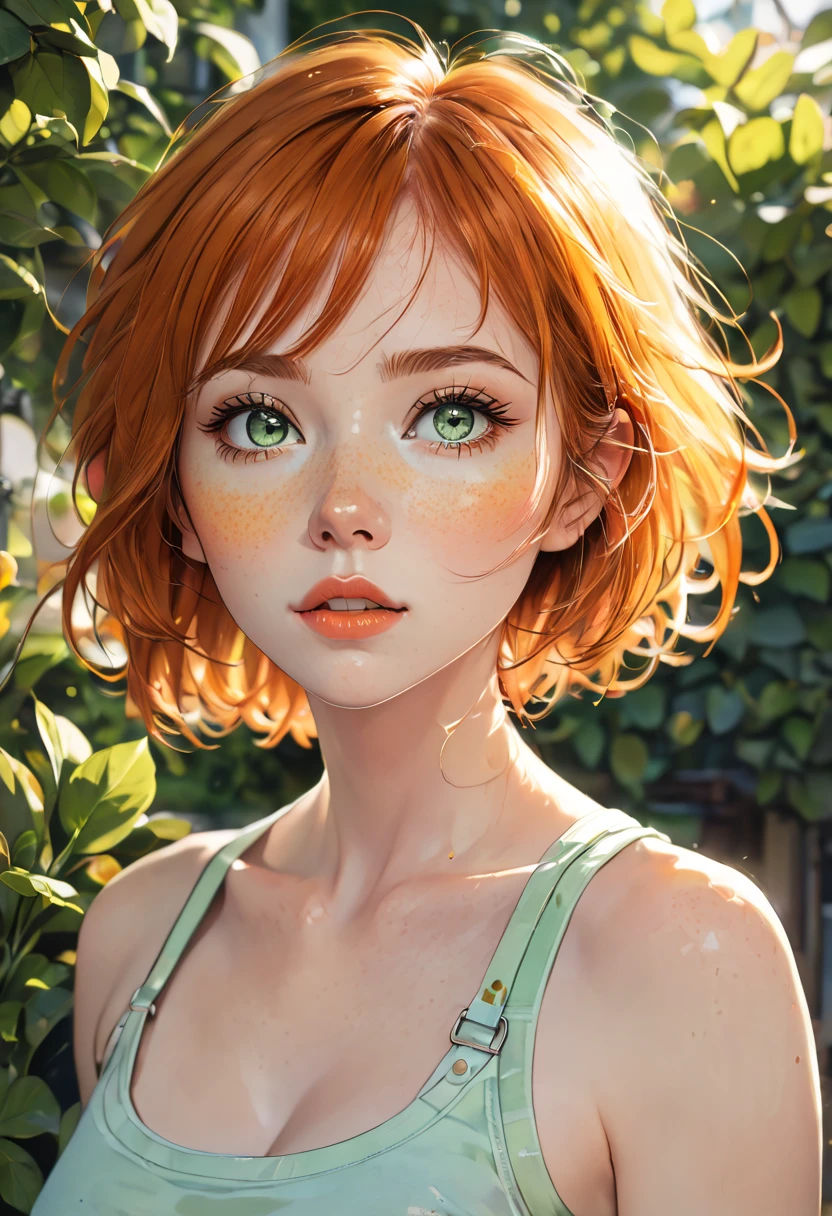 Here's a detailed prompt in English for drawing a beautiful girl:

Imagine a stunning girl with glossy lipstick, freckles on her delicate face, and short, orange hair with a subtle sheen. Her eyes are large, with a slight tilt, and they're a captivating shade of green tinged with yellow. Her face is gentle, framed by long eyelashes that accentuate her expressive eyes. She's dressed in a torn tank top that exposes her midriff, revealing a very provocative belly button. She pairs this with sky blue skinny jeans.