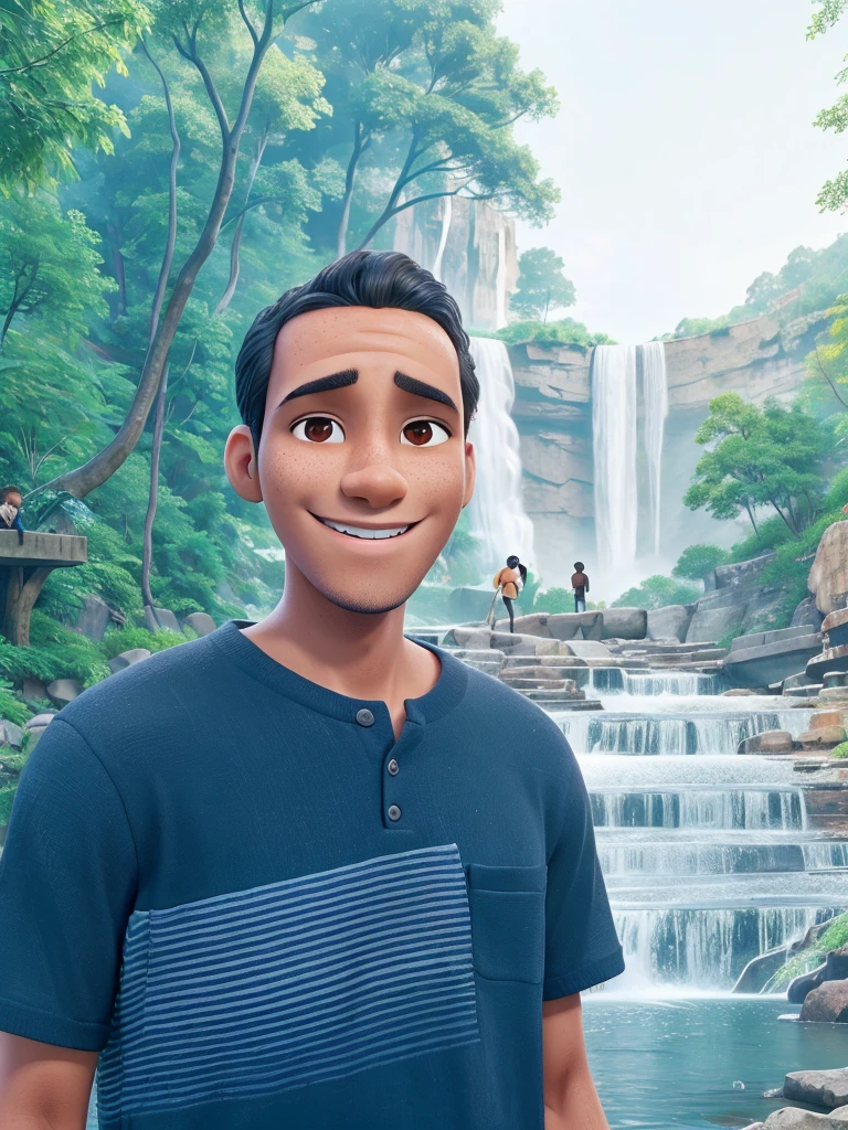 A thin, dark-skinned man, smiling, brown eyes and a waterfall in the background.