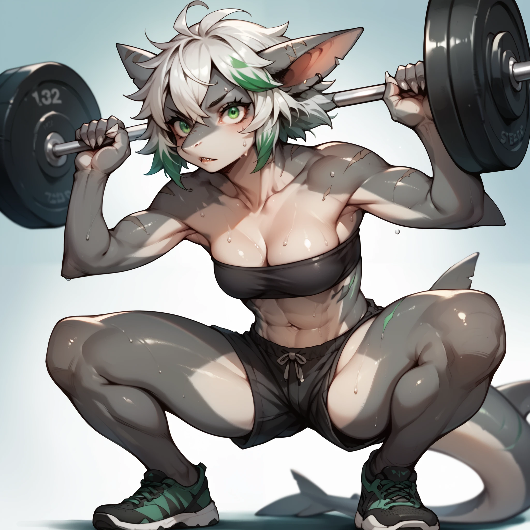 Score_9, score_8, score_7, source_anime, Anthro, jade, Anthro shark, grey skin, Slender body, white hair with green ends, green eyes, wearing a black bandeau and a shorts, squat pose, gym,Barbell,GYM WEIGHTS, exercises for lifting barbells, SWEAT,SWEATING DROPPING, front view, DEEP OF FIELD,(HUGE weightlifting:1.1) ,(HUGE WEIGHTS:1.1),ARMPITS,TREMBLING,