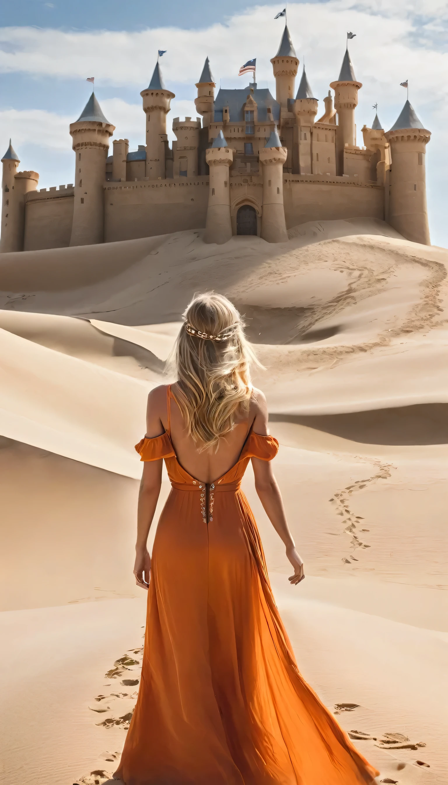 masterpiece,  best quality, Alone,  1 girl,  blonde hair ,  face details,  orange dress,  is watching viewers, Outdoor, sand, sand dunes, Huge castle,  crowns,  standing, whole body,  COWBOY SHOOTING ,  place your hands on your lower back,