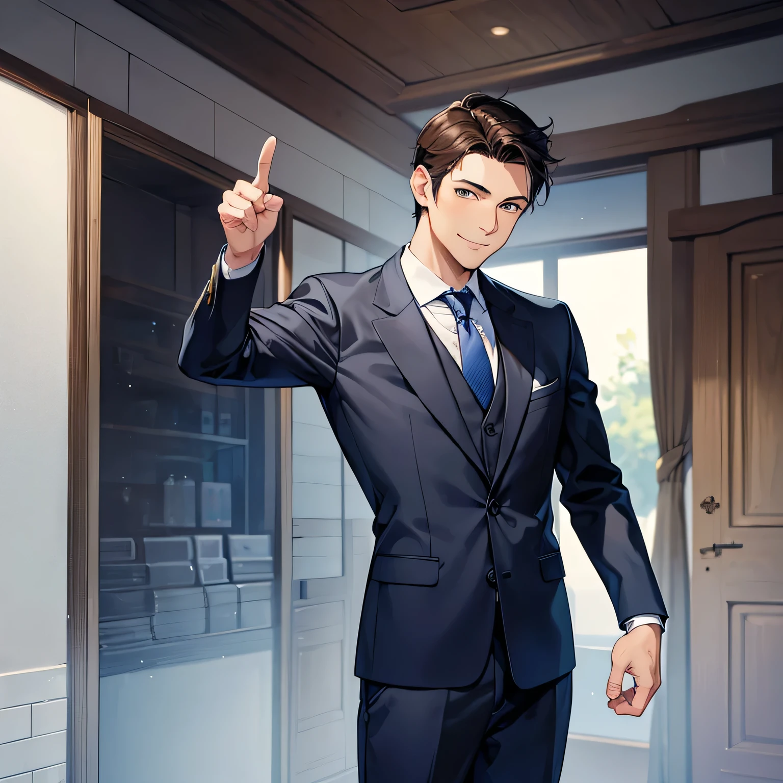 (top quality, masterpiece, front), 1 male, 30, great, handsome, Japanese, gentle smile, short dark brown hair, gentleman, standing, (no beard), fresh smile, dark blue business suit, gray tie, left arm raised straight across, pointing, posing