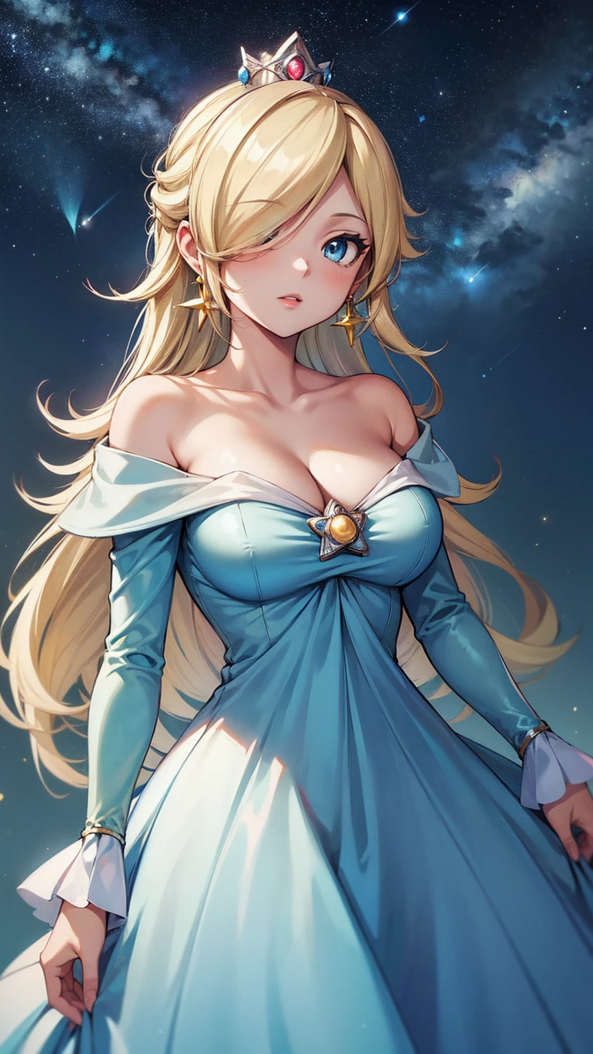 (masterpiece,best quality,ultra-delicate,Perfect Face,16k,very detailed eyes,high resolution )),princesa rosalina, blue dress, big breasts, adult body, starry sky, semblante angelical
