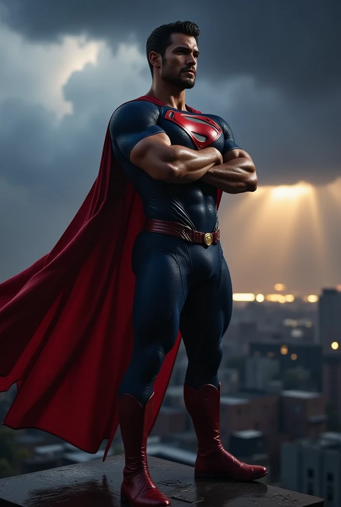 Nicholas Alexander Chavez, muscular, tanned skin, chiseled jaw, strong physique, dressed with a Superman costume, small beard, rooftop edge, intense thunderstorm lighting backlight, hero, cape, arms crossed, cinematic lighting, dramatic poses, heroic, bold colors, vivid details, high contrast, dark silhouette, photorealistic, 8k, hyper detailed, masterpiece