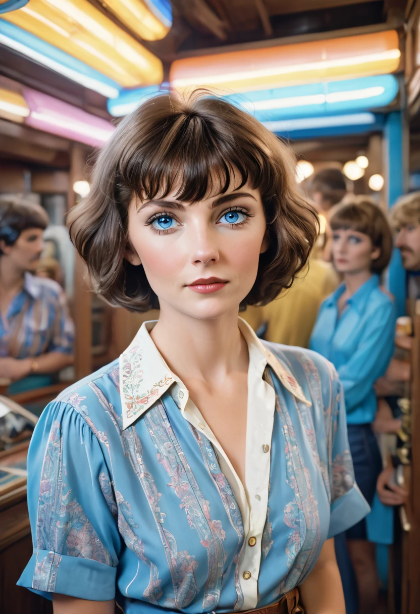 a young caucasian woman, short hair & bangs, blue eyes, 80s retro picture aesthetic, looks like she is confidently posing for the camera, keep the same aspect ratio, The colors are masterfully captured by Nikon D850 and a Nikon AF-S NIKKOR 70-200mm f/2.8E FL ED VR lens, Peter Jackson, fantasy, historical