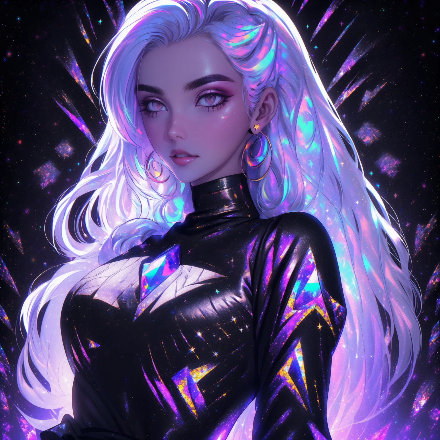 {-erro_de_anatomia:1.0} masterpiece, highest quality, (perfect face:1.1, (high detail)1.1, sweet stardust vampire , long soft white hair, opal eyes, perfectly drawn face, black dress, stars detailed background, prismatic lighting, glitter, whole body, walking on the stars, backwards, looking back