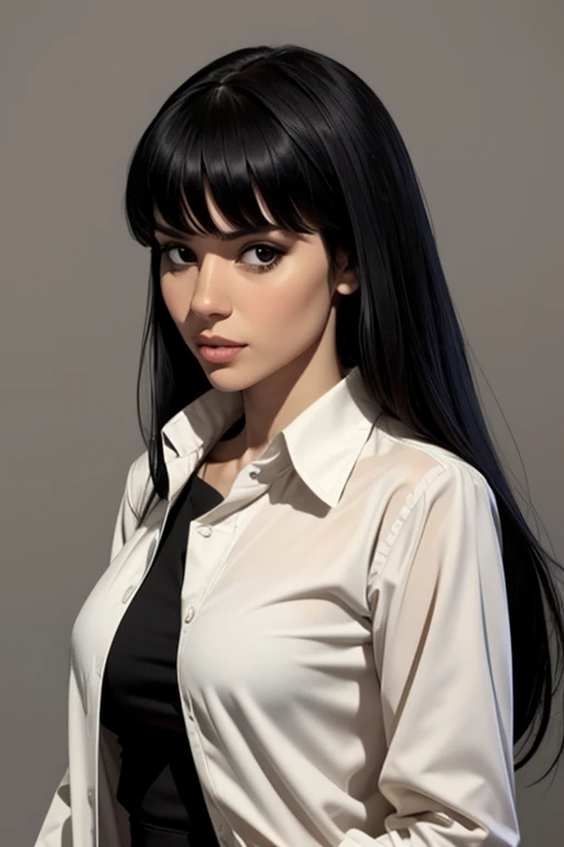 1 ******,Alone, black hair , plain background, long hair ,realistic,lips,fringe, black eyes, upper body , looking at the viewer ,dress,shirt,castanho jacket,long sleeves,