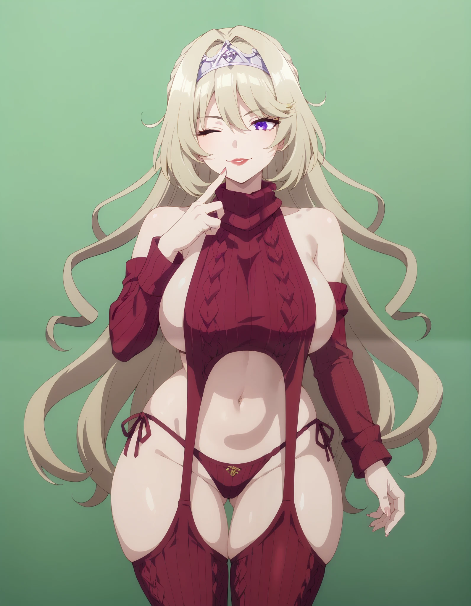 score_9, score_8_up, score_7_up, 1girl, milf, solo, karen helvetius, (huge breasts:1.3), (((light blonde hair), very long hair, bangs, purple eyes, one eye closed)), red lips, ((purple virgin destroyer sweater, detached sleeves, panties, thighhighs)), ((light smile), closed mouth), ((hand on own hip, finger on lips, bedroom))