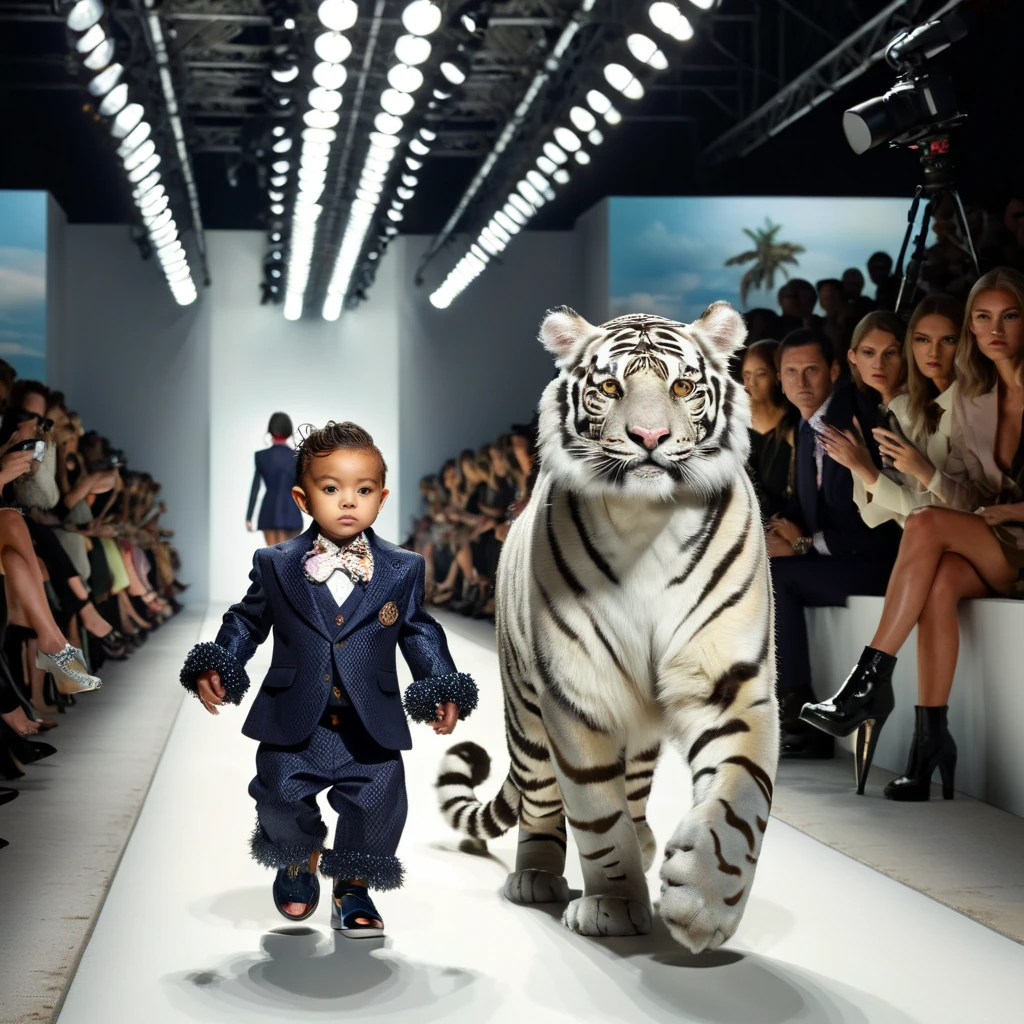 araffe walking down the runway with a  in a suit and a tiger, catwalk photo, walking down the catwalk, catwalk, catwalks, on the runway, fashion runway, runway, crazy fashion catwalk, fashion week, runway photo, true realistic image, gucci catwalk, fashion, future fashion, highly fashionable, fashion show runway, ren's, very fashion