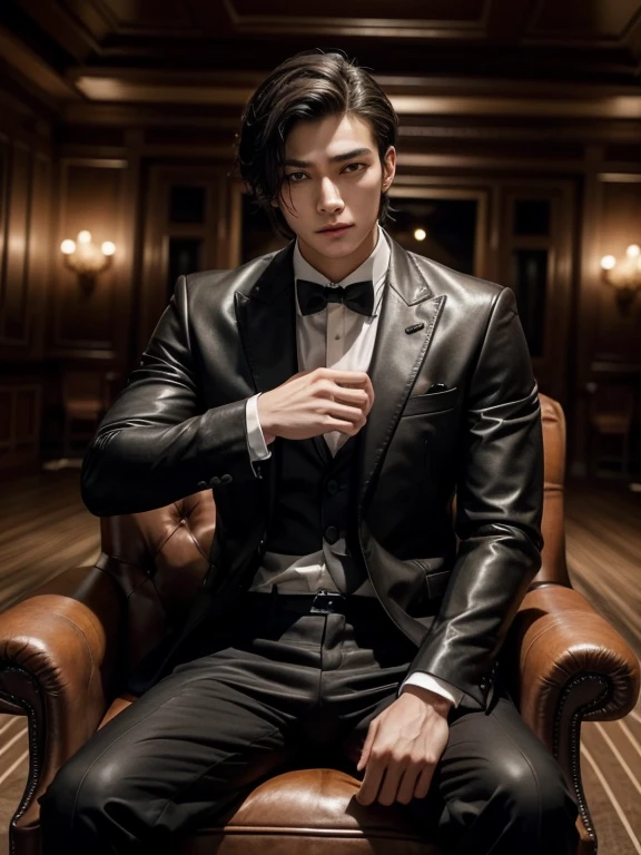 1 Young man, Asiatic,  sitting on a leather chair in a big room,  He's in the middle of the room ,  Maximum Quality, A handsome man , very courageous, Wear formal attire.,  He's handsome and young , masculine sitting ,  mafia chief 