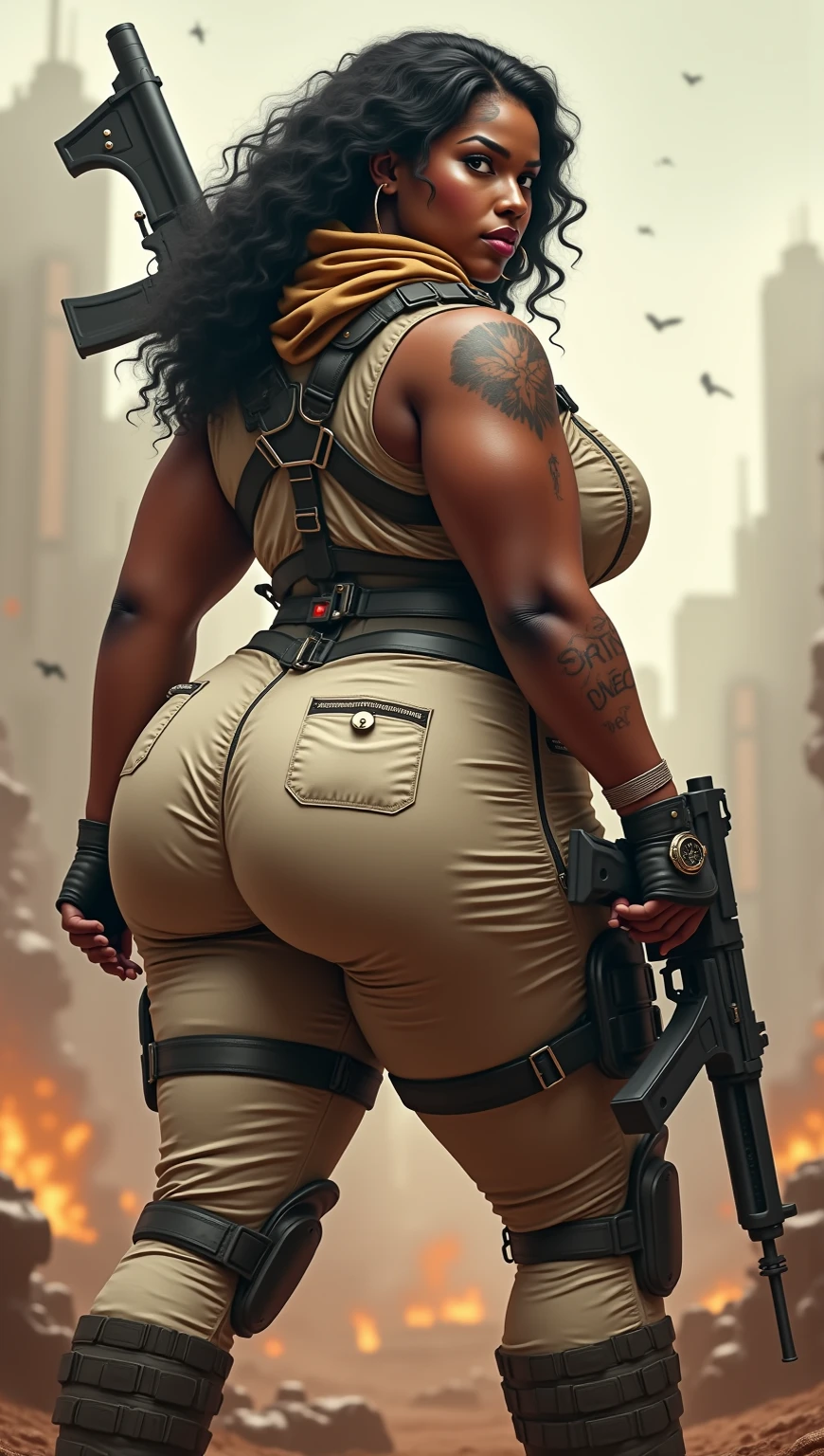 Very muscular black woman, well defined and large arms with an angry expression wearing a black punk glove on only one hand with short red hair above the ears on only one side, with the other side falling over one side of the face with one side shaved wearing gold hoop earrings, eyes browns, wearing a black skirt above the knees and a sweaty white tank top, large breasts and high heels, realistic styling, wearing a sawed-off shotgun on his back and a Hello Kitty mask in one hand, eating a donut, chubby belly, muscular legs and big muscular arms, bem alta com chubby belly e botas de couro e salto fino