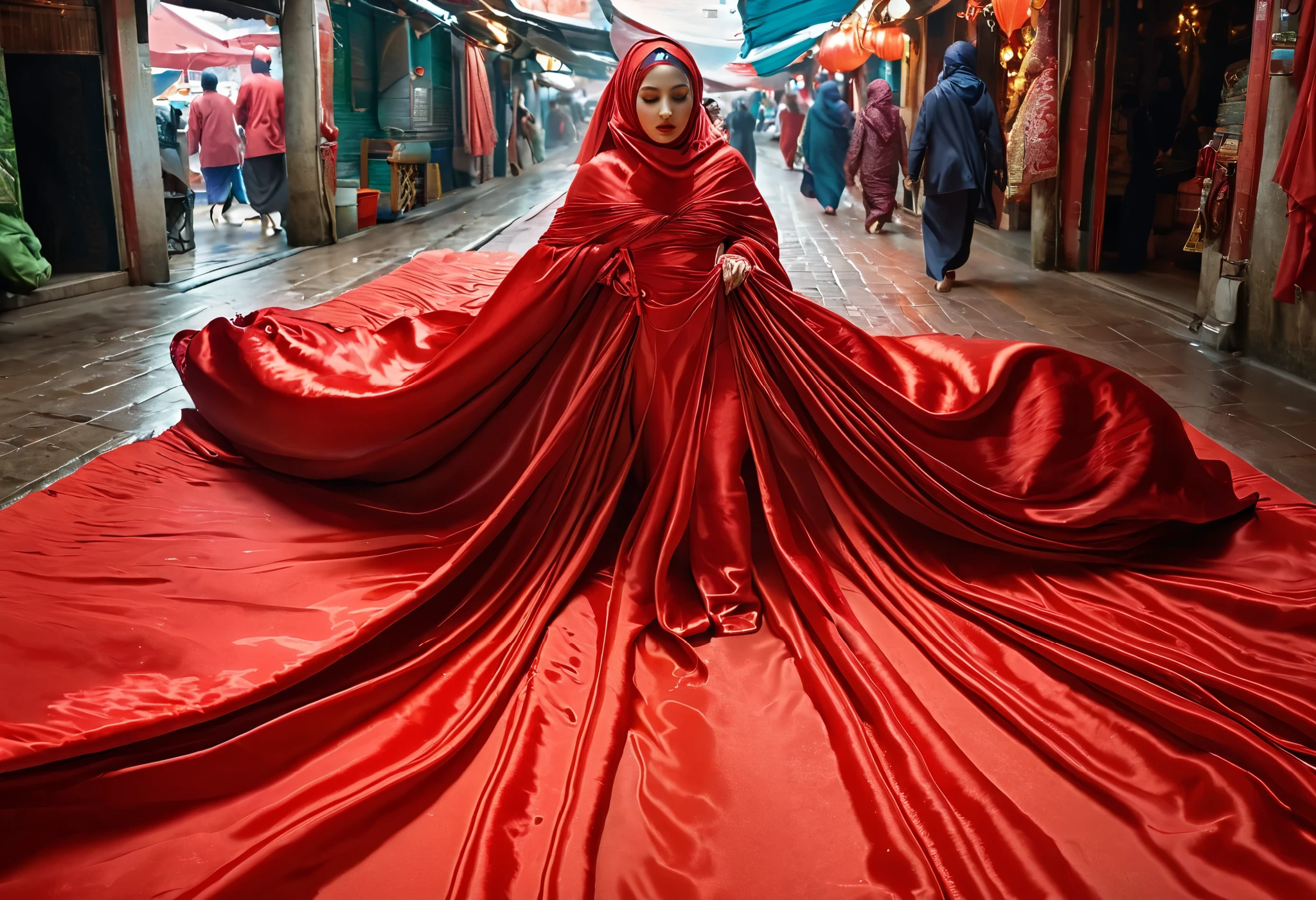 A woman shrouded in a 8-meter-long, plush red satin cloth, tightly bound and grandly draping along the form of her body, flowing off into a pooled floor-length train, styled in a mermaid-inspired outfit, her head modestly veiled in a satin hijab, 175 height woman, walk in wet traditional market, a full-body pose conveying a sense of elegance, captured in a 4k resolution, ultra-realistic