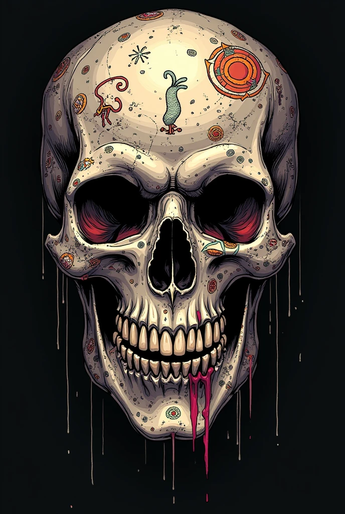 Design an insanely cool, heavy metal-inspired skull with glowing eyes that pierce through the darkness. The skull should have a cigarette smoldering in its mouth, with the smoke curling into intricate, fractal patterns that blend seamlessly into the liminal void background. The art style should be a striking fusion of dark fantasy and heavy metal, with influences from Dan Mumford and Hydro74, featuring highly detailed vector lines and bold contrasts. The skull's surface should be etched with intricate patterns, glowing with an otherworldly light that highlights every crack and crevice. Surround the skull with thunderous, fractal energy, creating a sense of raw, untamed power. The design should be perfect for a rock band's album cover or T-shirt, with a dark but vividly detailed aesthetic that captivates and commands attention, embodying the rebellious spirit of heavy metal in a visually stunning, ultra-detailed digital art style.