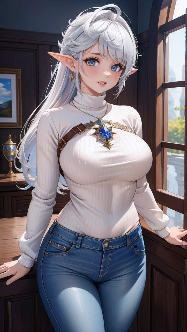 (masterpiece:1.2, best quality), (intricate details), alisaie, (alisaie leveilleur (final fantasy)), 1girl, elf ears, (denim pants), (white sweater), realism, Detailed, intricate, sharp focus, Ultra-detailed, detailed pupils, puffy lips, skindentation, (intricate detail), (Soft Lighting), Charming smile, white hair, aged up, older, (mature), (large breasts), nice hips, wide thighs, (hourglass figure), adult, long hair, (milf),